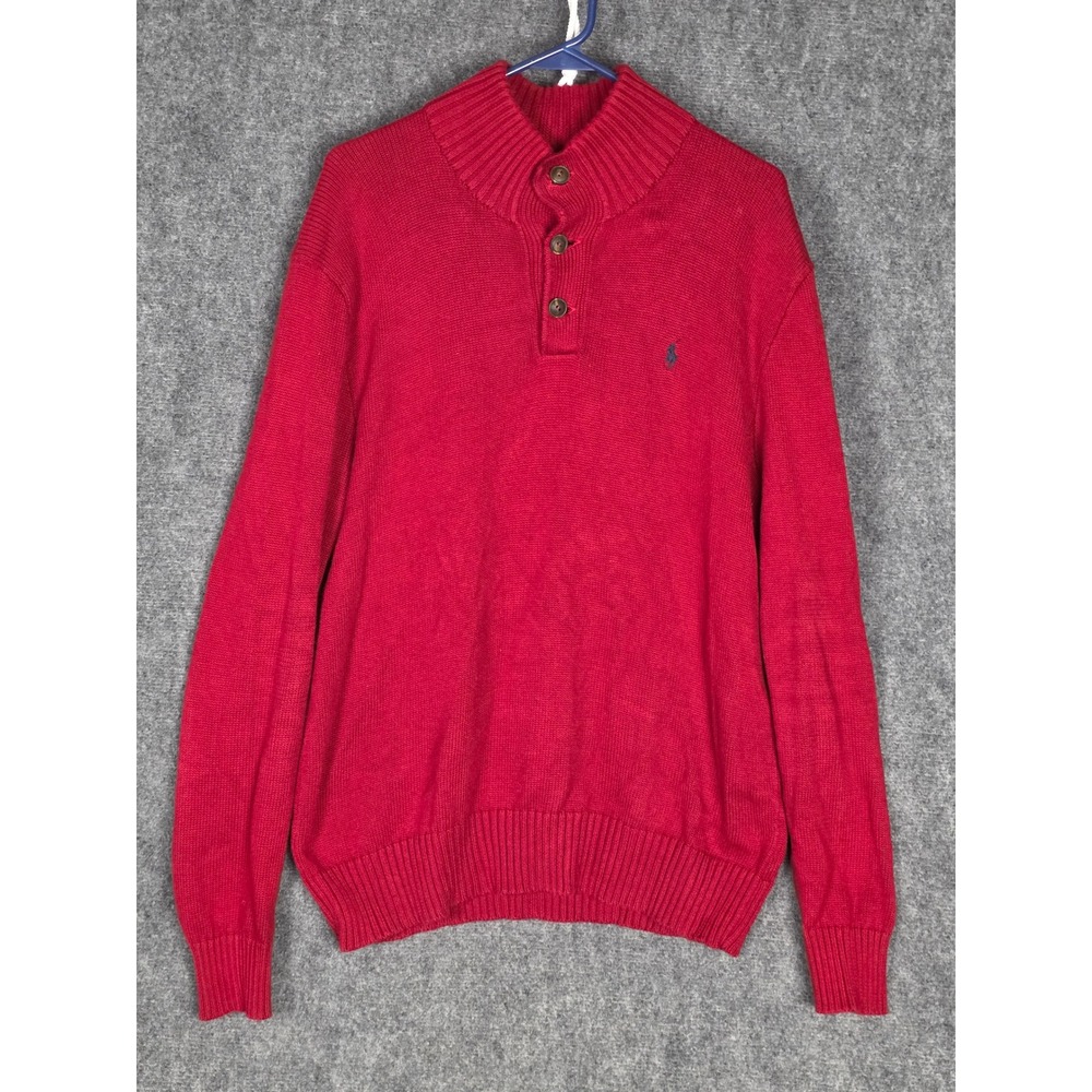 Polo Ralph Lauren‎ Men's Red Cotton Button Mock Neck Knit Sweater Pullover Sz L